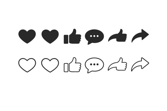 Social media interaction icons set including like love heart thumbs up comment speech bubble and share repost arrow in a clean solid outline line design style for web and mobile interfaces.