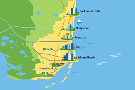 Detailed political map of Miami and Fort Lauderdale in South Florida United States showing major cities and urban regions for travel planning geography education and regional navigation.