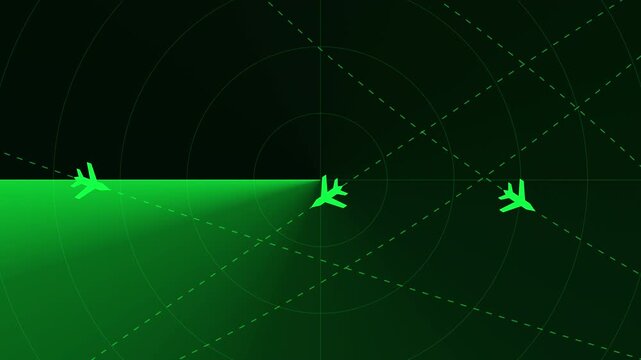 Plane radar traffic animate screen display. Air flight track sweep scan green dark background. Aircraft route path circle grid monitor. Aviation control system digital concept