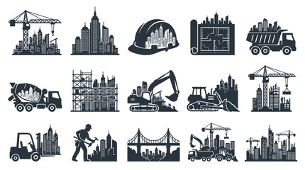Fototapeta premium Construction Icons: Cityscape Buildings, Crane, Excavator, Truck, Blueprint, Helmet