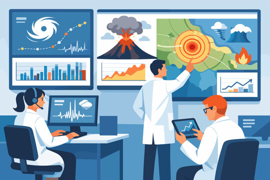 Professional concept illustration of scientific disaster planning and preparedness showing experts analyzing global data for emergency management, hazard mitigation, and environmental safety.
