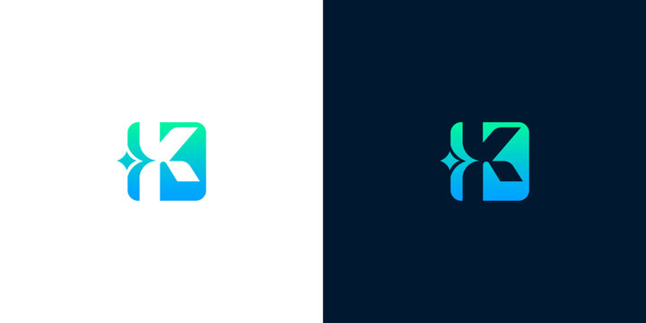 Modern abstract letter K logo design with gradient colors and subtle star accents on white and dark backgrounds