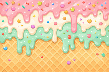 Sweet melting ice cream glaze flowing down with shiny sugary decorations and colorful sprinkles creating a delicious dessert texture in a simple flat vector illustration for food branding.