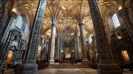 Fototapeta premium Jerónimos Monastery's church in Lisbon, Portugal, displays a breathtaking, dark, and ornate design inside.