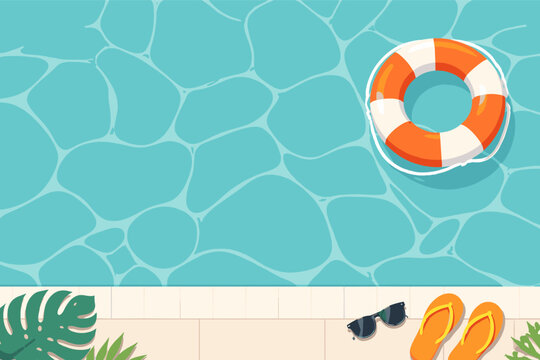 Clean Geometric Vector Placard Showcasing a Tranquil Outdoor Pool with Calm Aqua Water and a Striped Red-and-White Rescue Ring Buoy Adrift on the Surface Evoking Sunny Holiday and Resort Relaxation
