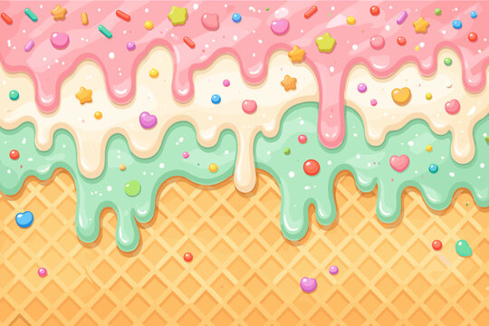 Sweet melting ice cream glaze flowing down with shiny sugary decorations and colorful sprinkles creating a delicious dessert texture in a simple flat vector illustration for food branding.