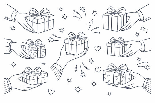 Elegant outline drawing of multiple diverse hands presenting beautifully wrapped gift boxes with decorative ribbons, perfect for celebration, holiday giving, rewards, and festive surprise concepts.
