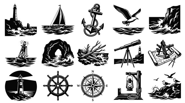 Nautical Icons Set: Lighthouses, Ship Wheel, Compass, Anchor, Seagull, Telescope, Sextant