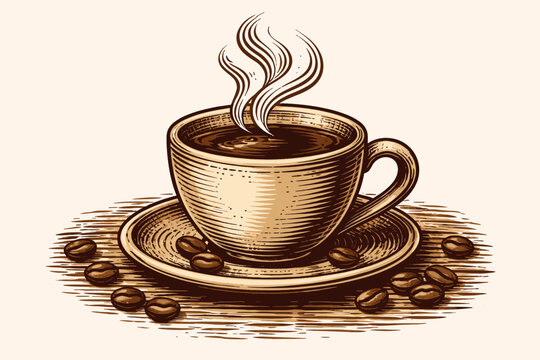 Rustic Coffee Cup with Steaming Hot Beverage in a Vintage Woodcut Style Simple Flat Vector Illustration Minimalist Morning Caffeine Design for Cafe Menu Branding and Cozy Winter Concept Artwork