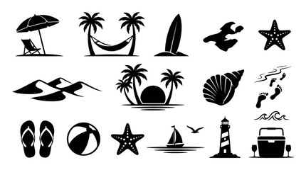 Obraz premium Black and White Beach Icons Set - Summer Vacation Travel Symbols