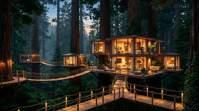 Luxury treehouse cabin in forest with warm lights modern eco architecture