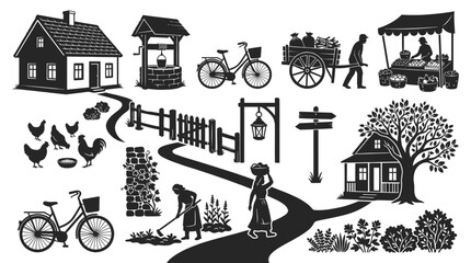 Naklejka premium Black and White Rural Farming and Countryside Elements Vector Silhouette Icon Set