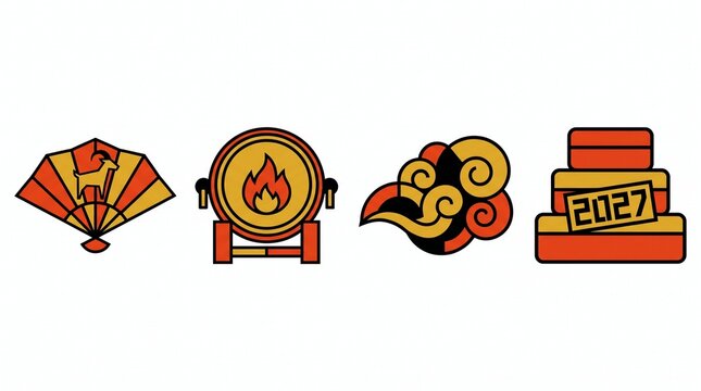 Flat line art Asian culture icons for 2027 featuring traditional hand fan taiko drum and stacked luggage