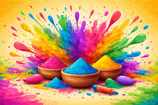 Vibrant Holi Festival Day background with colorful powder splashes and Happy Holi text in a festive artistic style perfect for traditional Indian celebration greetings and cultural event posters.