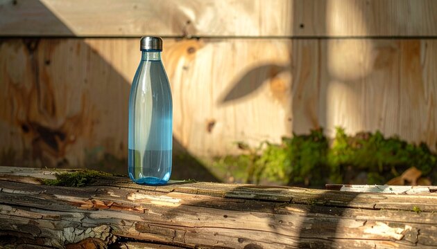 Raw, unedited water bottle product shot on simple, natural wooden background