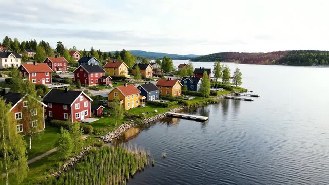 Scenic aerial view of colorful Scandinavian houses by a lake in Vaxjo, Sweden, showing the idyllic charm of Nordic living