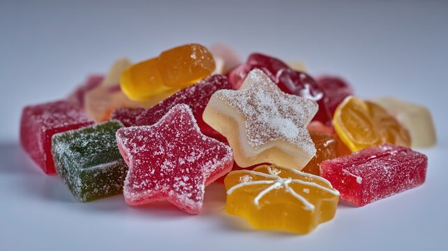 Heap of colorful sugar coated gummy candies on white surface, red yellow orange green, oblong disc and five point star with center hole, 