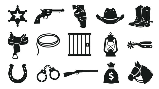 Western Cowboy Glyph Icons Set. Wild West Sheriff and Bandit Symbols Collection.