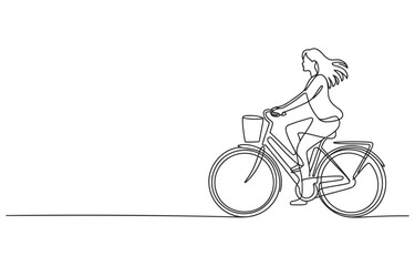 Obraz premium Woman riding a bicycle continuous line drawing free time line art single transportation exercise outdoors activity lifestyle illustration minimalist continuous movement recreation