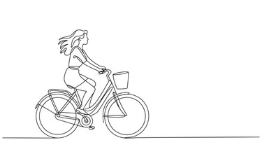 Fototapeta premium Woman riding a bicycle continuous line drawing free time line art single transportation exercise outdoors activity lifestyle illustration minimalist continuous movement recreation
