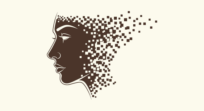 Stylized Profile of a Female Face Fading into Digital Pixels Symbolizing Data and Human Identity.