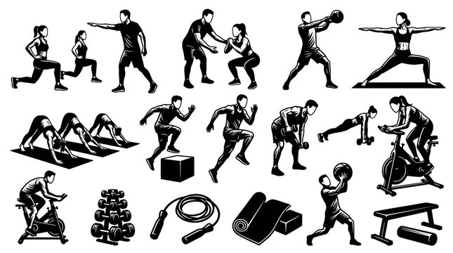 Black  White Vector Icons of People Exercising and Fitness Equipment