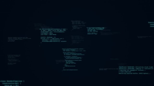 Cinematic coding screen animate display. Programmer source code script dark background. Cyan green teal terminal syntax blur motion. Software developer workflow depth concept