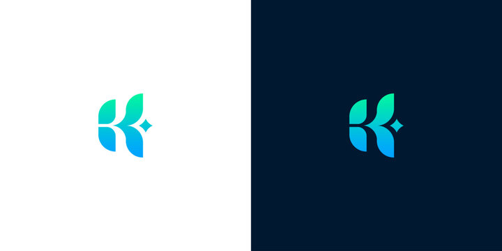 Creative logo design featuring the letter K with subtle leaf elements and a gradient of blue and green hues, presented on both white and dark backgrounds