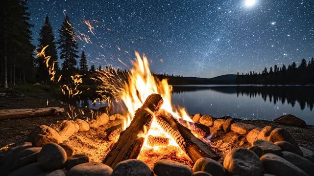 Campfire under starry sky by lake at night
