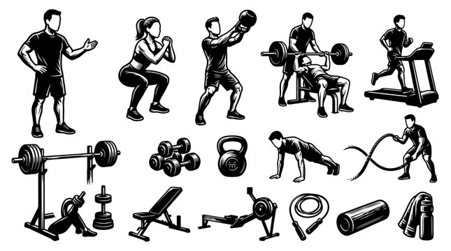 Fitness Gym Workout Exercise Line Art Vector Icons Set with People  Equipment in Black  White Style