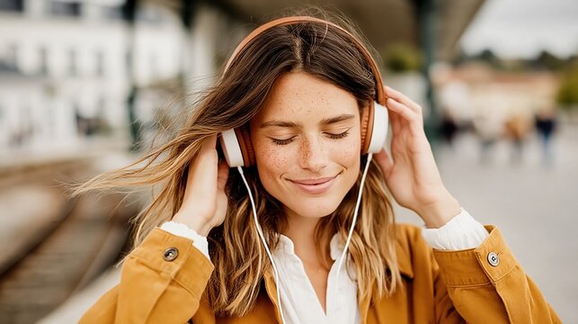 A joyful woman with headphones enjoys a moment of music, radiating positive vibes and relaxation, while embodying a universal connection through sound and emotional expression.