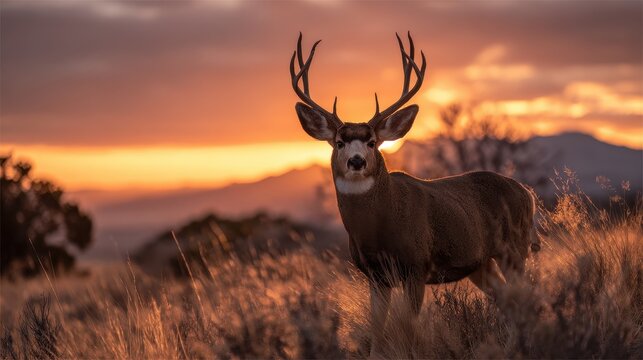 Majestic buck deer standing in meadow during golden sunset.