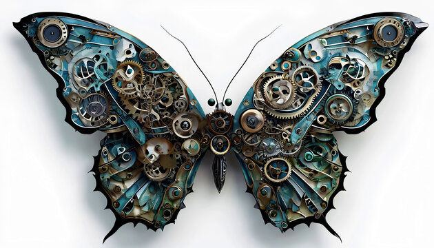 farfalla in stile steampunk composta da ingranaggi metallici, ruote dentellate, bulloni e viti, steampunk-style butterfly made of metal gears, cogwheels, bolts, and screws