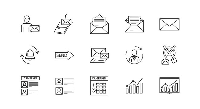 Communication icons set features minimalist black line art illustrating email correspondence, digital marketing campaigns, and user feedback.