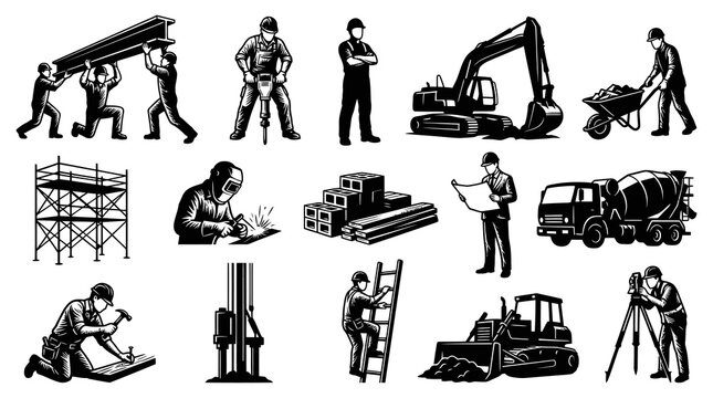 Construction Industry Black and White Vector Icons: Workers, Equipment, Materials, and Tools