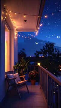 Serene balcony scene under a starlit, crescent-moon sky, adorned with string lights