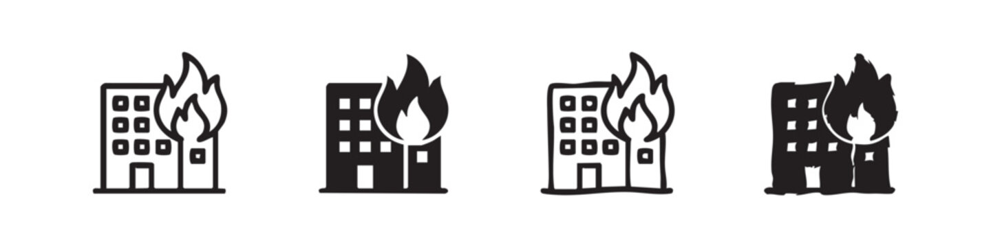 Burning building icon set representing fire, disaster, and emergency situation