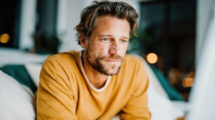 Obraz premium A thoughtful man contemplates in a cozy room, illuminated by soft light, emphasizing focus, creativity, and productivity while working from the comfort of home amid a tranquil setting.