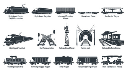 Obraz premium Black White Vector Icons of Railway Transport and Infrastructure