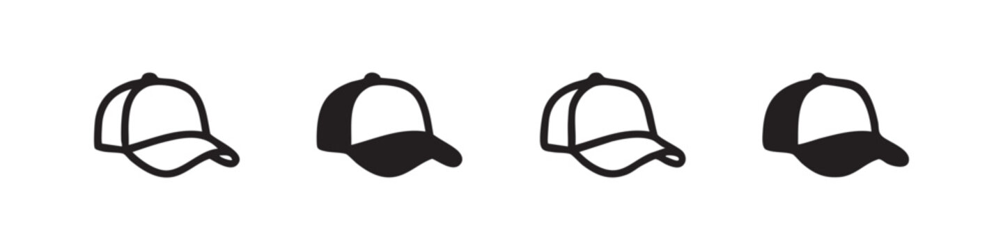 Baseball cap and hat icon set in different line and solid styles for fashion and apparel.