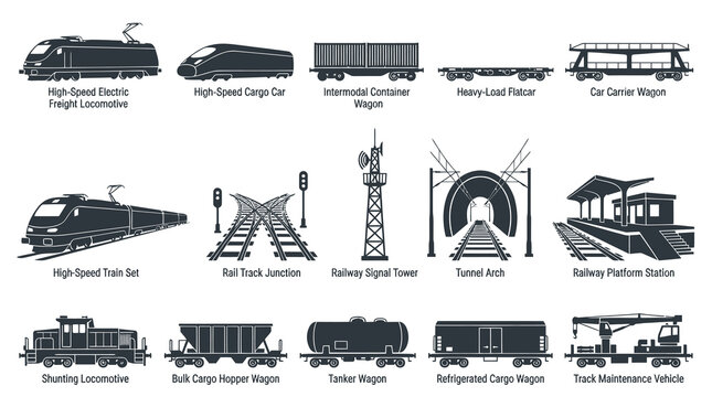 Black  White Vector Icons of Railway Transport and Infrastructure