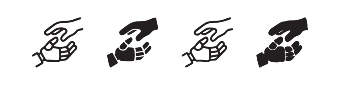 Human and robot hands reaching icons for artificial intelligence collaboration and technology partnership.