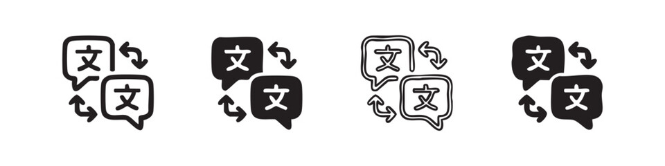 Set of language translation icons with speech bubbles and characters. © liubomir118809