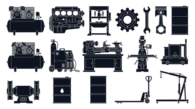 Industrial Machinery Icons: Compressor, Engine, Lathe, Crane, Welder, Gear, Tools
