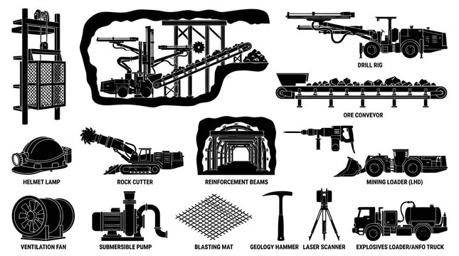 Mining Equipment Icons: Black and White Vector Illustrations for Industry