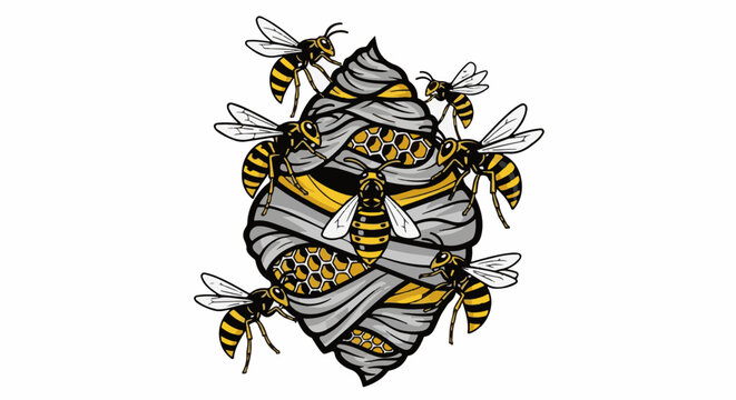 Six wasps swarm around a gray and yellow papery nest with honeycomb