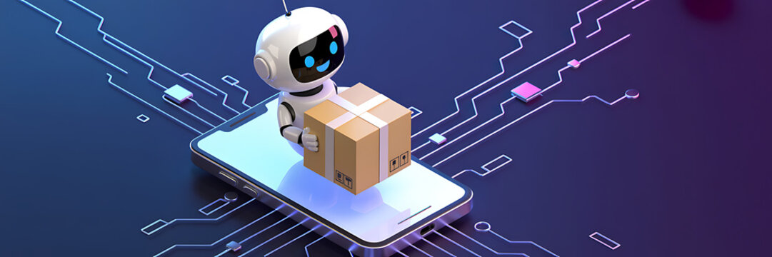 3D robot with package on smartphone against circuit board backdrop