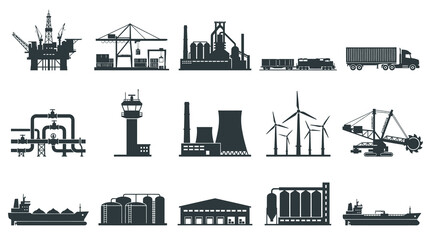 Obraz premium Industrial vector icons: Oil rig, crane, factory, train, truck, power plant, wind turbines, excavator, cargo ship, silos