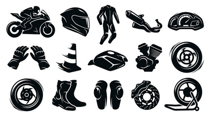 Obraz premium Black White Motorcycle Gear and Parts Icons Set