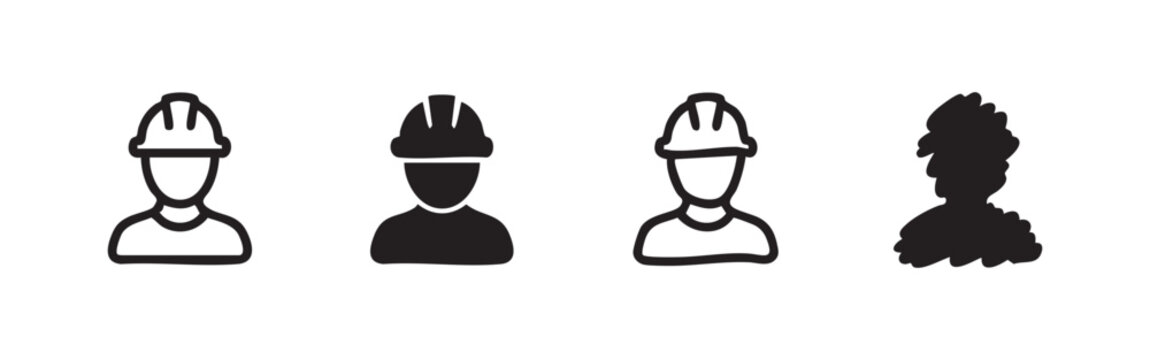 Construction Worker Icon Set, Engineer and Builder Avatars with Hard Hat, Industrial Laborer Symbols